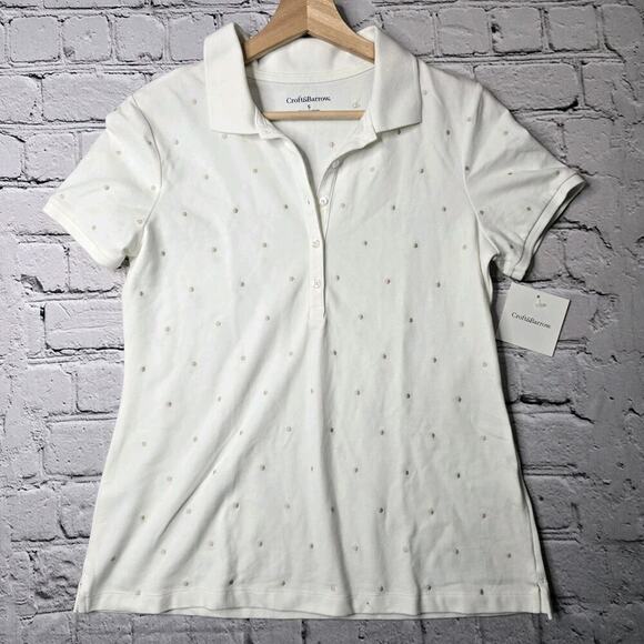 Croft And Barrow Cotton White Cream Gold Polka Dot Short Sleeve Collared Blouse - Picture 2 of 10